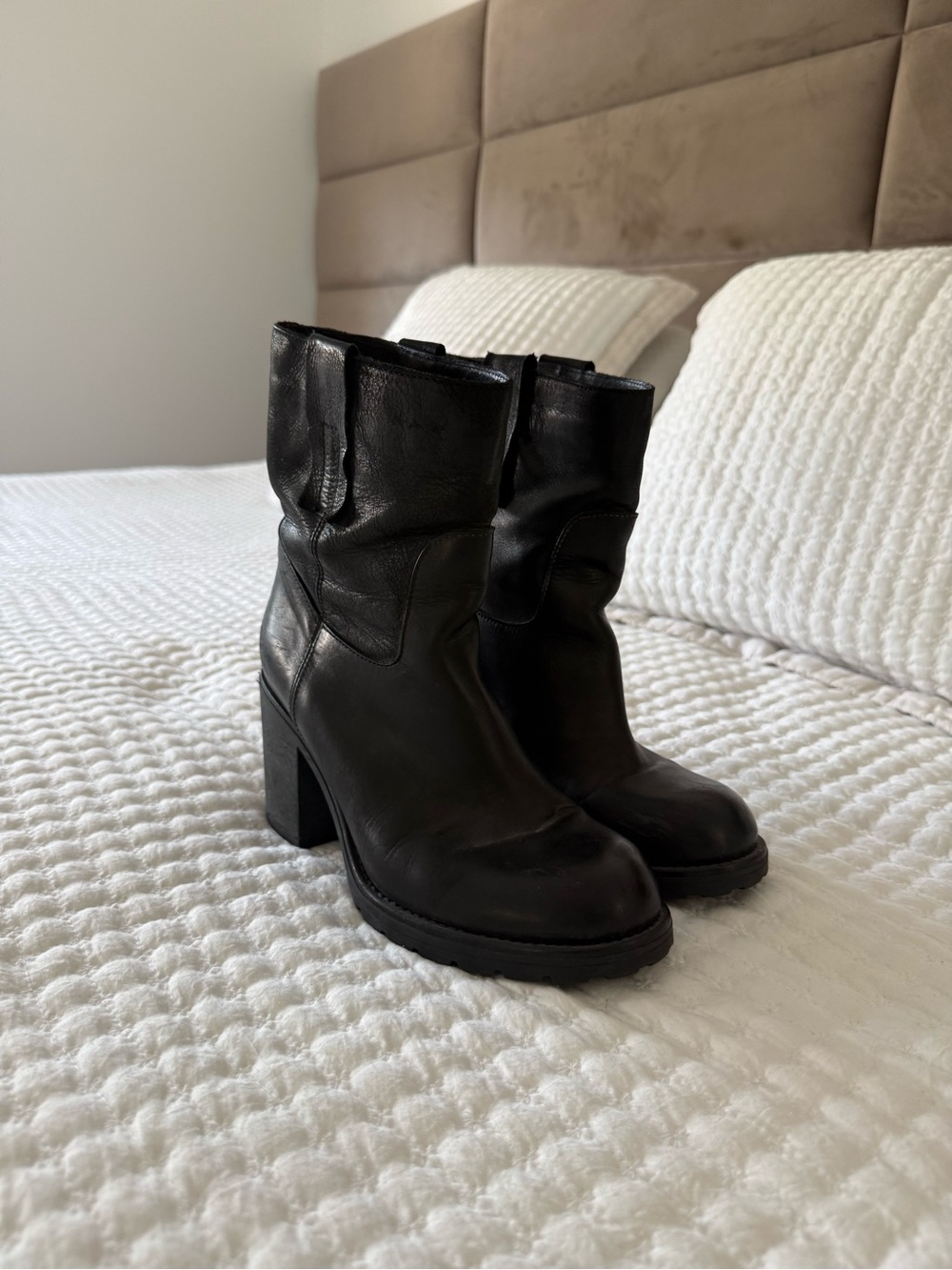 Sleek Black Leather Block Heel Ankle Boots